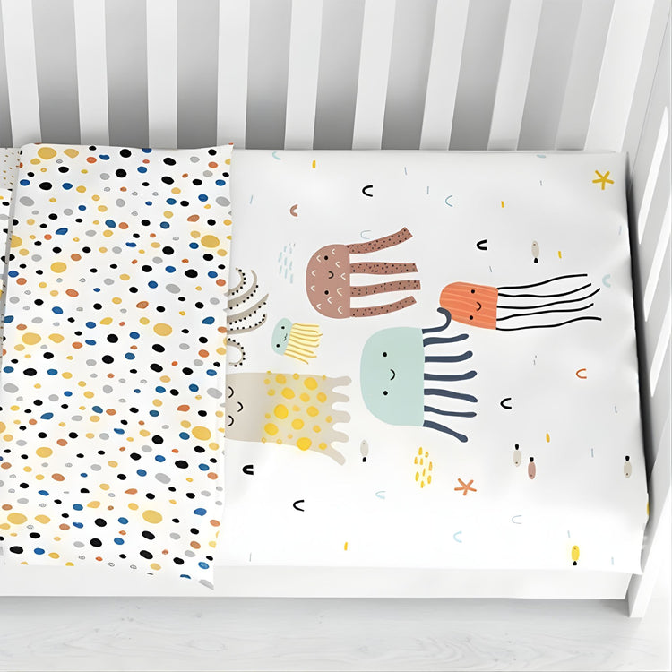 COZYKIDS. Σετ κλινοσκέπασμα + σεντόνι με λάστιχο (ενωμένα με φερμουάρ) Μέδουσες 70x140