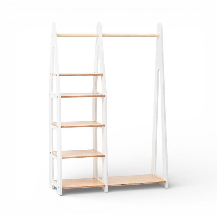 Duck Woodworks. Clothing rack with shelves on the side white