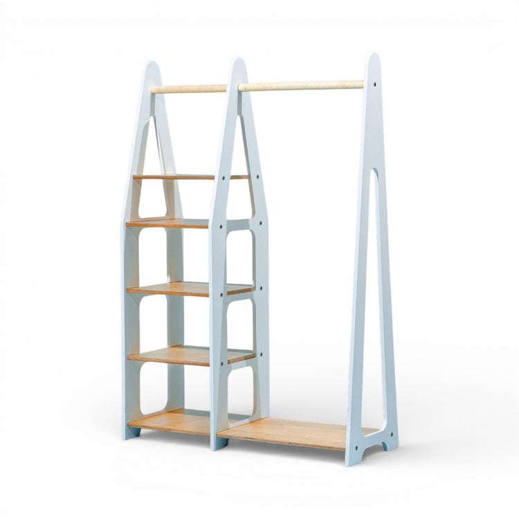 Duck Woodworks. Clothing rack with shelves on the side white