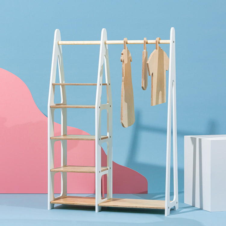 Duck Woodworks. Clothing rack with shelves on the side white