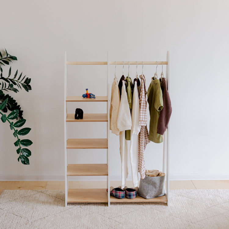 Duck Woodworks. Clothing rack with shelves on the side white