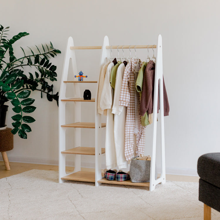 Duck Woodworks. Clothing rack with shelves on the side white
