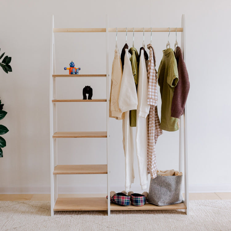 Duck Woodworks. Clothing rack with shelves on the side white