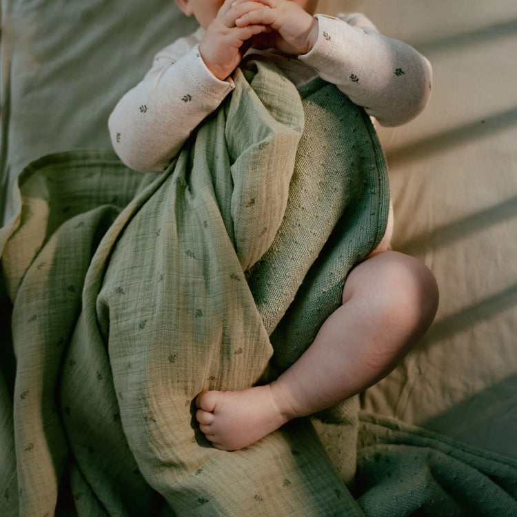 LITTLE DUTCH. Bassinet knitted/fleece blanket Pure Sage 70x100
