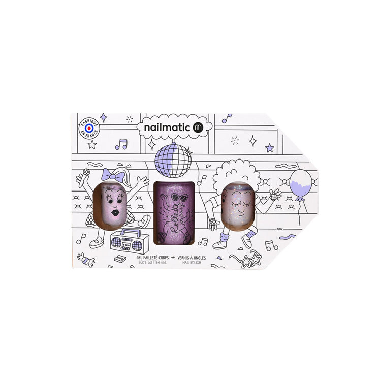 NAILMATIC. Σετ 2 βερνίκια νυχιών + glitter σώματος Party Bus (Polly-Elliot-Cherry)