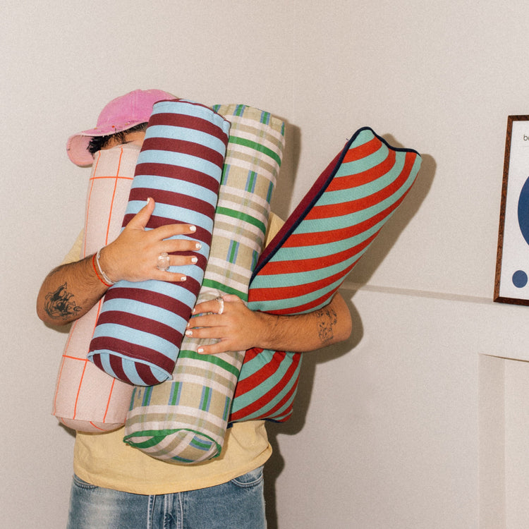 VIBES. Cylinder cushion Burgundy Blue Stripes