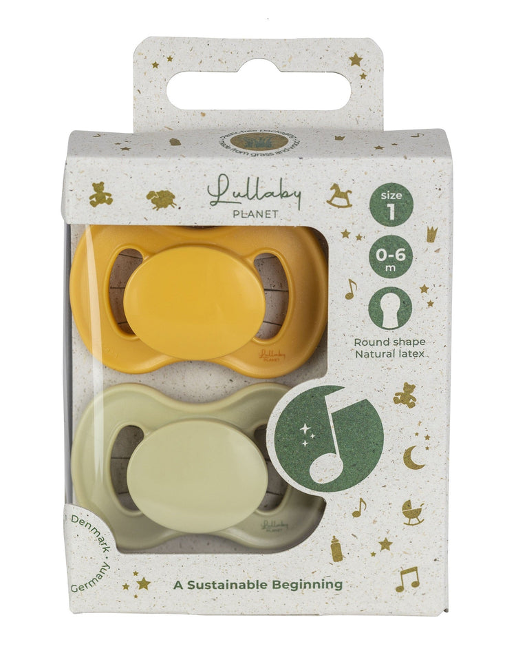 LULLABY PLANET. 2 pcs. Round latex Soothers Size 1 Daisy Yellow & Lake Green