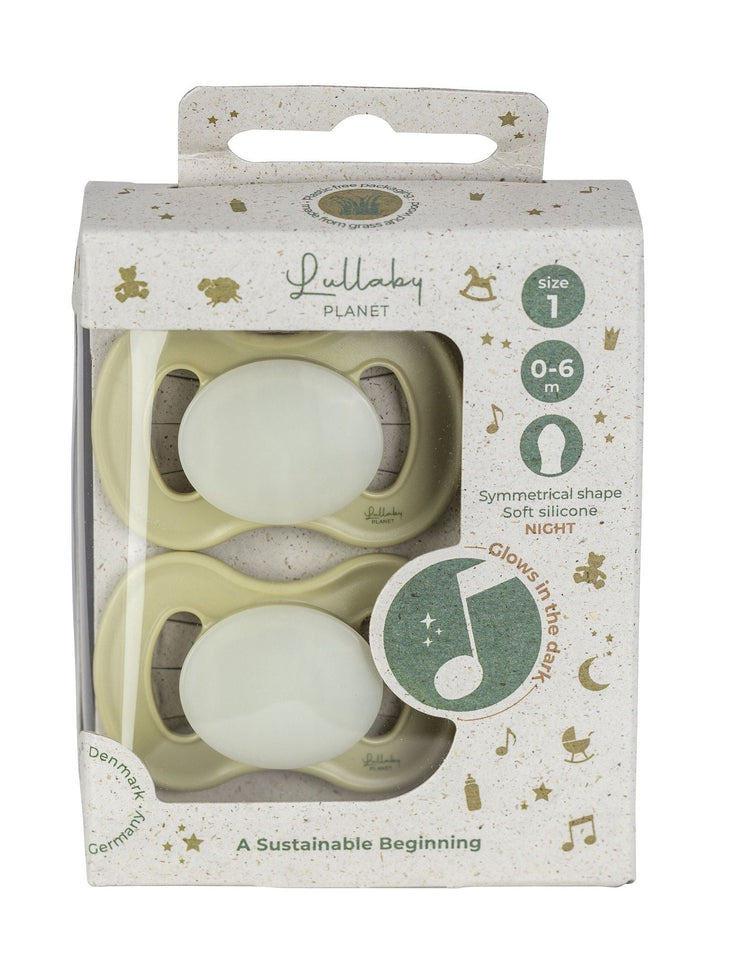 LULLABY PLANET. 2 pcs. Symmetrical Silicone Night Soothers Size 1 Lake Green Night