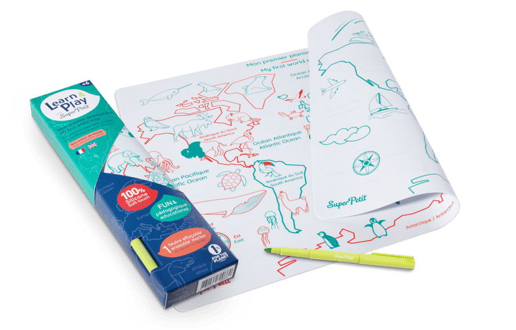 SUPER PETIT. Reversible colouring placemat set My first world map