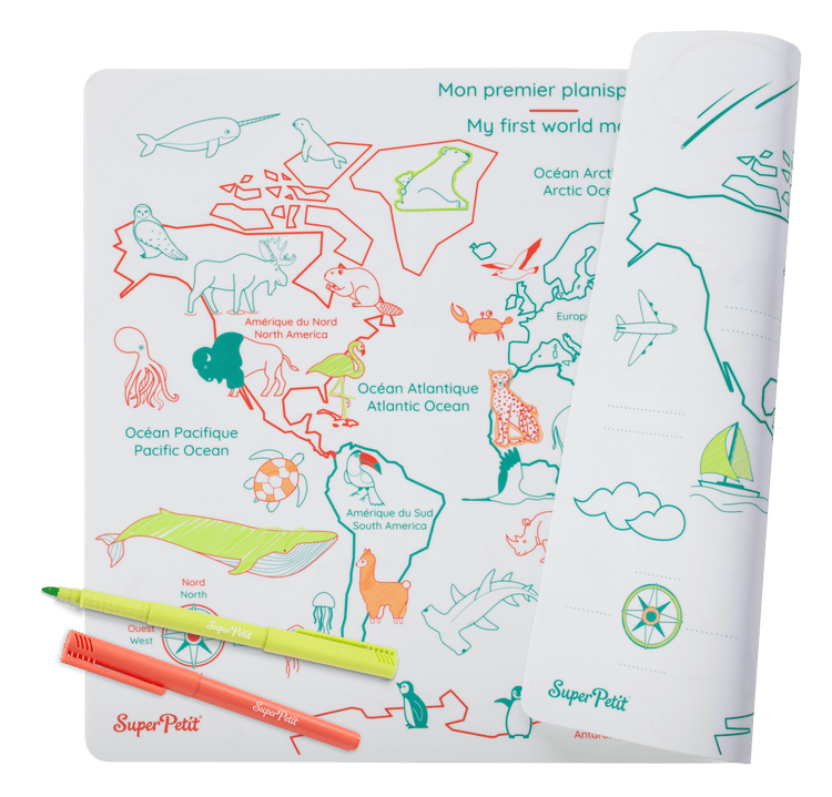 SUPER PETIT. Reversible colouring placemat set My first world map