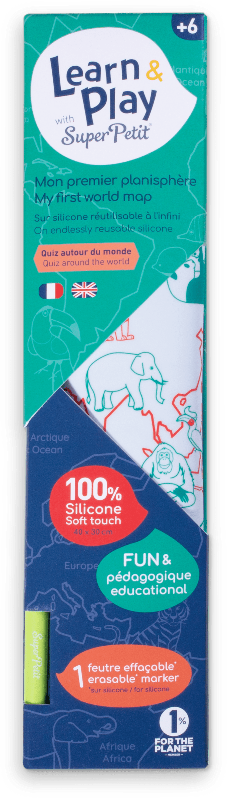 SUPER PETIT. Reversible colouring placemat set My first world map